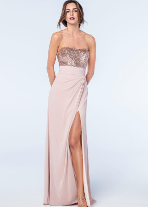 Strapless Rose Sequin Chiffon Slit Bridesmaid Dress